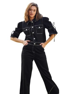 PoshBery ブラック ソリッド パフスリーブ デニム コーデ