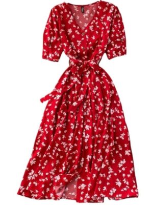 Gufrinaレディースドレス ハーフスリーブ || 花柄プリント || Vネック＆パフスリーブ || フロントオープンボタン＆タイアップ || ミディドレス