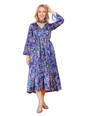 Cycus レディース ロイヤルブルー 和柄プリントワンピース - フレアスリーブ 輸入クレープ生地 (1枚パック)