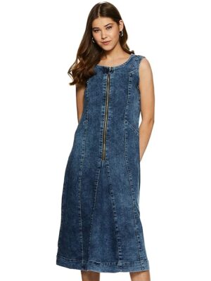 Amazonブランド - シンボル レディース Aラインワンピース ミディ丈 デニムドレス